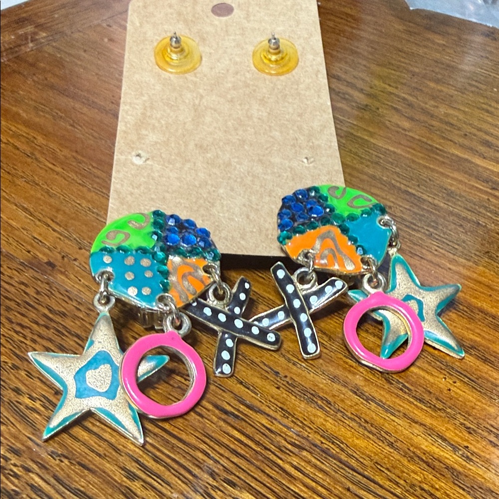 FUN Colorful clip on gold tone enamel fun dangle Earrings jewelry